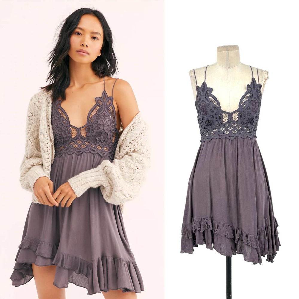 Free People FP One Adella Slip Dress Lace Crochet Charcoal Gray Size Small